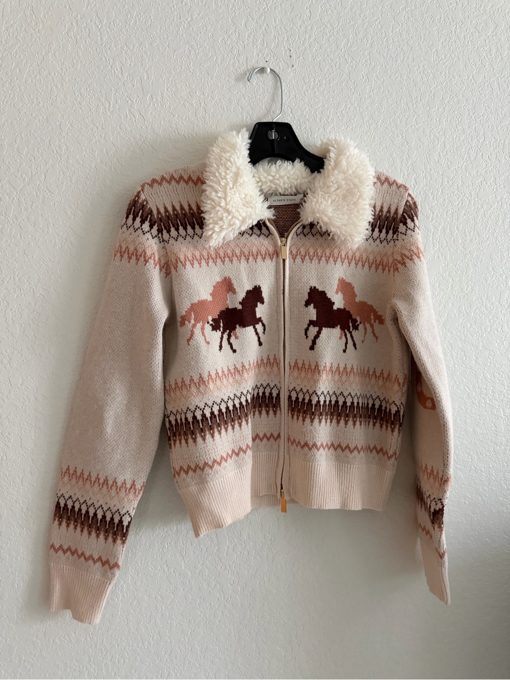 Altar'd State Cream Zip-Front Horse Motif Sherpa Collar Jacket - Picture 2 of 9